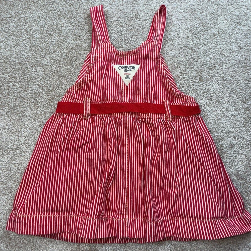 Vintage OshKosh B'gosh Kids Red White Hickory Stripe Overall Dress Jumper 24 M
